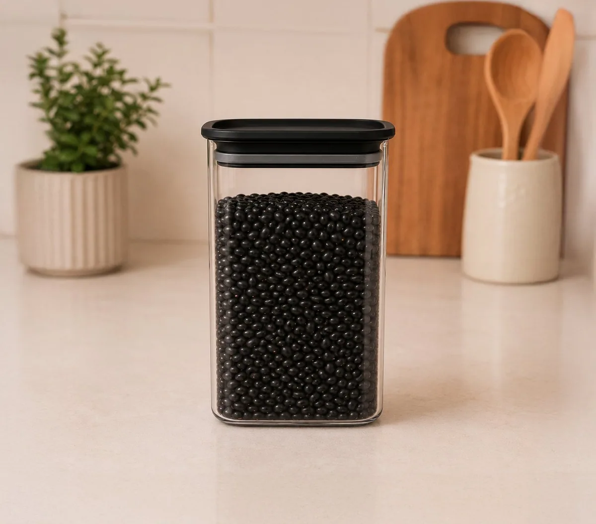 Pote hermético Vaeso de 1000 ml, fechado, sobre a bancada da cozinha